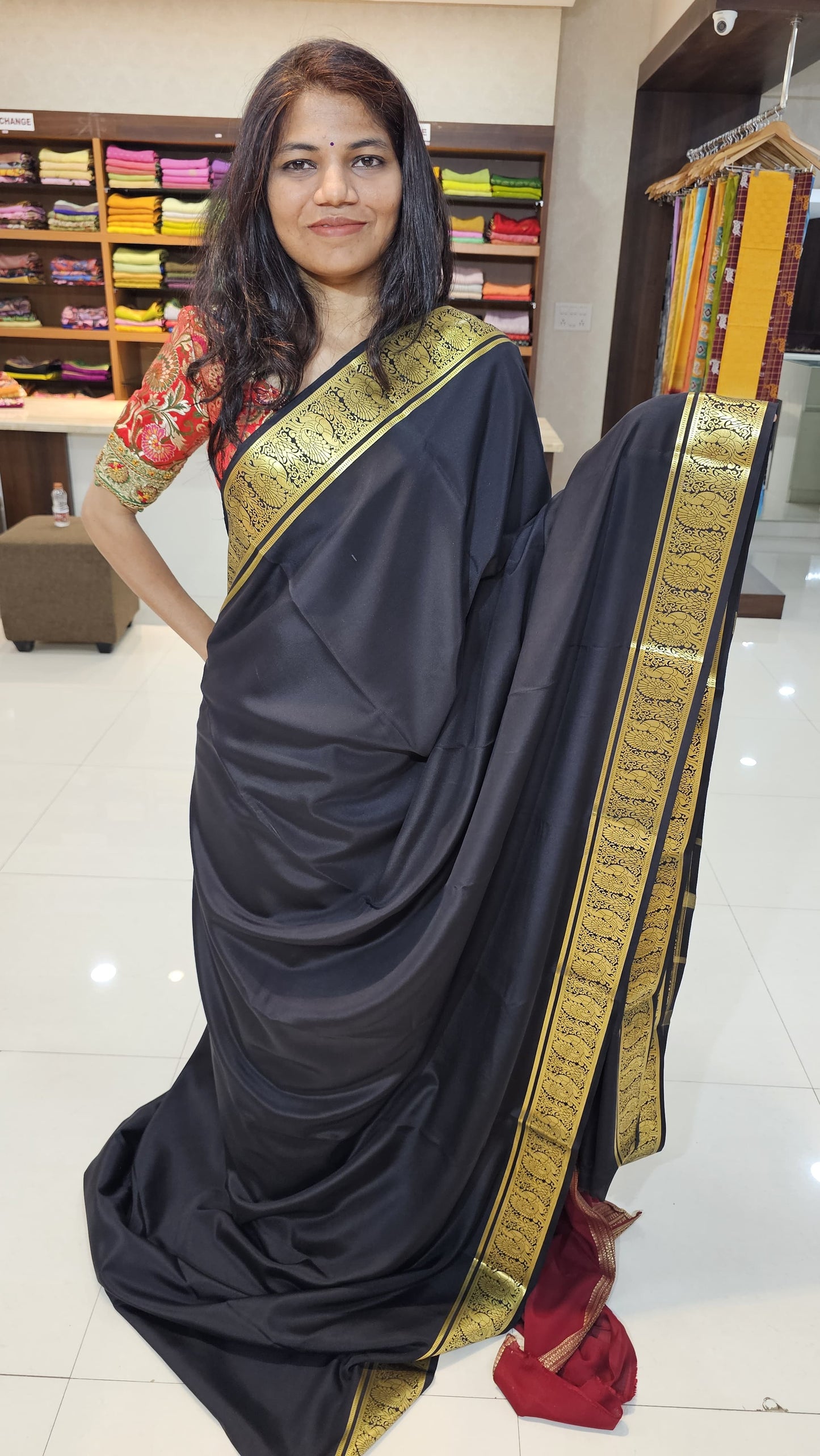 mysore crepe silk sarees in KSIC Finish in black in peacock border