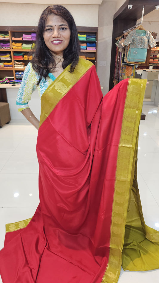 mysore crepe silk sarees in KSIC Finish in red with mehendi green in ganda berunda border