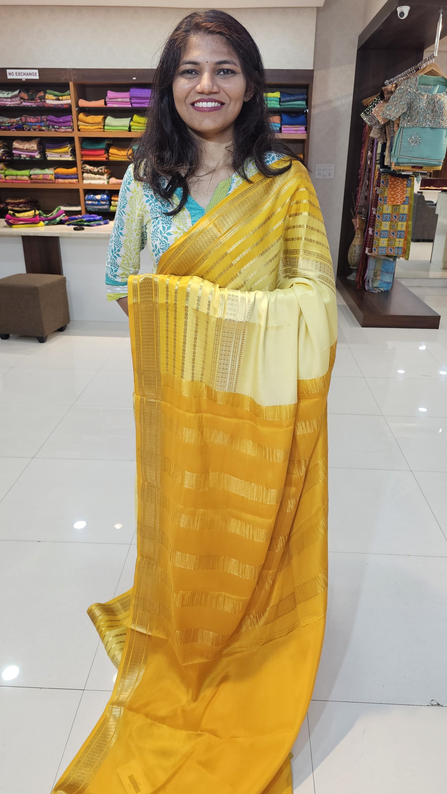 mysore crepe silk sarees in KSIC Finish in lime yellow mango yelow in bentex border