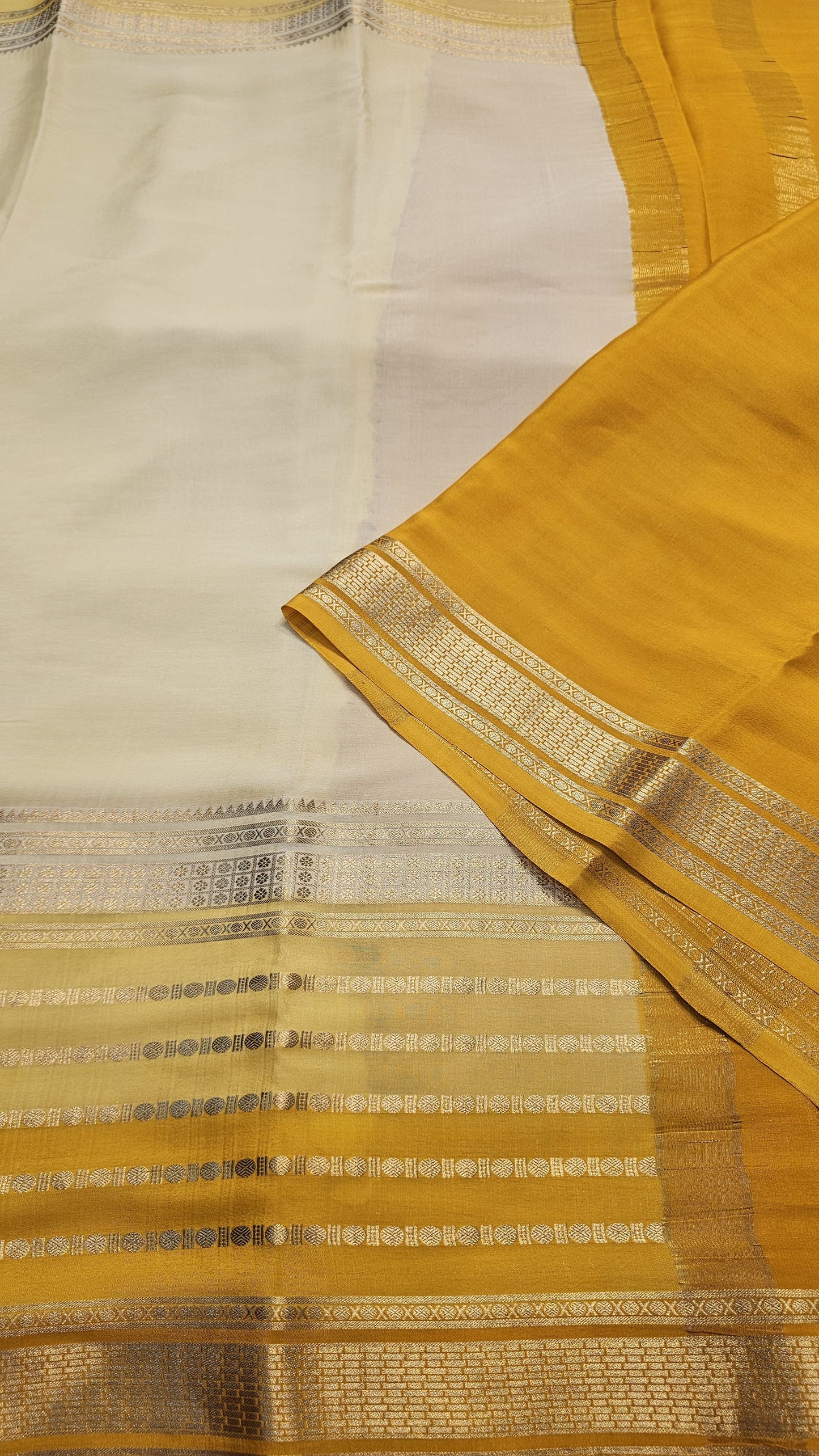 mysore crepe silk sarees in KSIC Finish in lime yellow mango yelow in bentex border