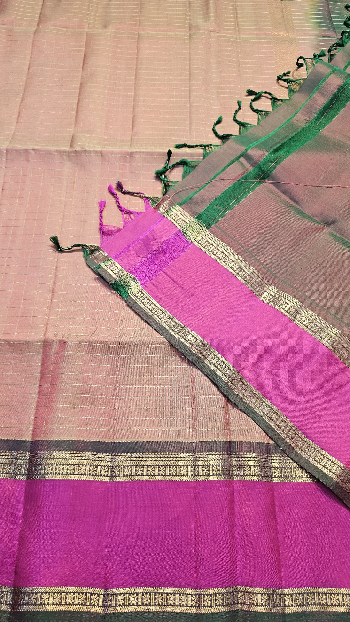 handloom kanchi soft silk saree in peach with rani pink in bentex border