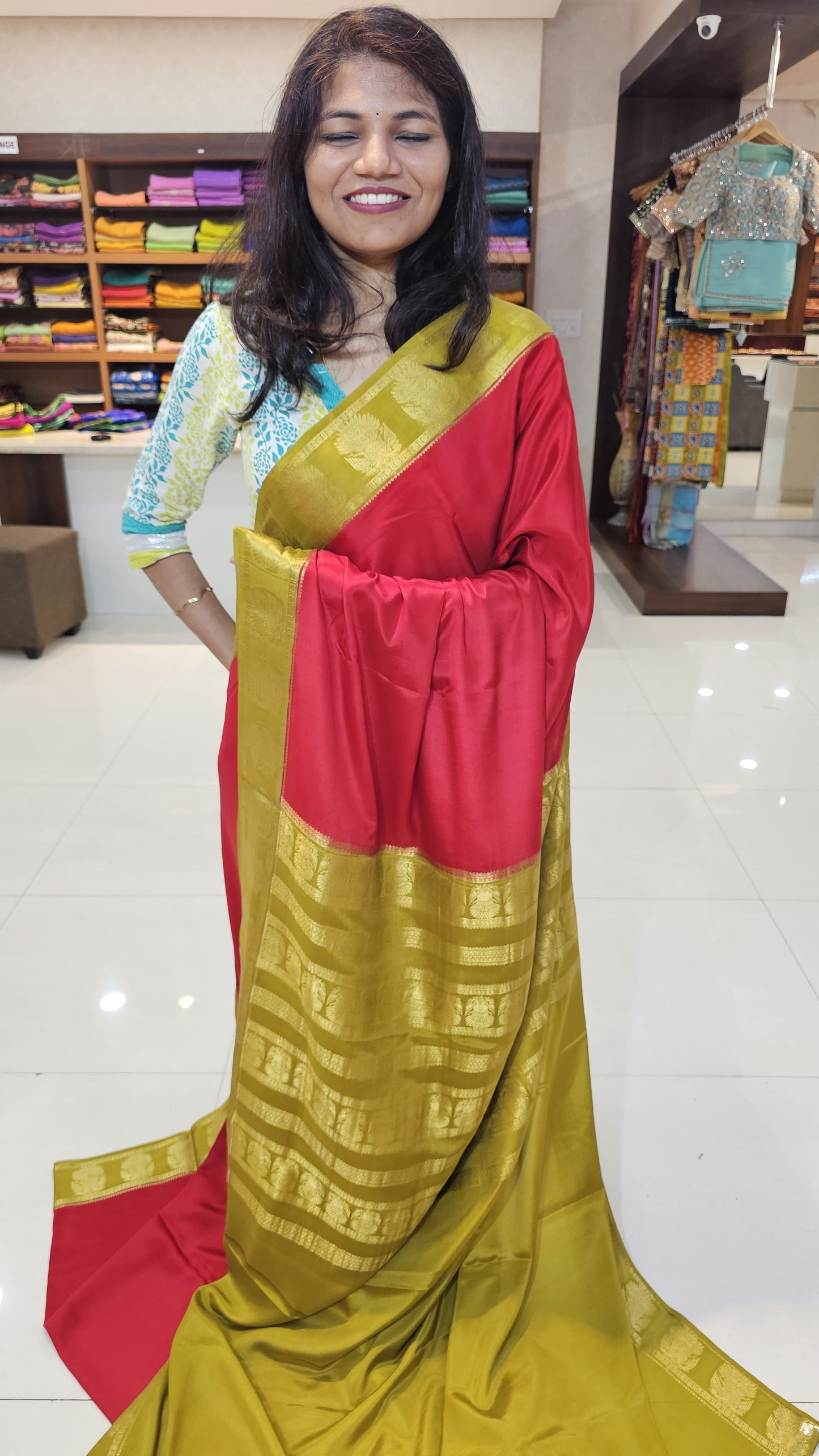 mysore crepe silk sarees in KSIC Finish in red with mehendi green in ganda berunda border