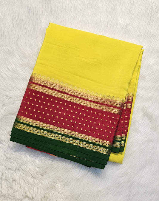 mysore crepe silk sarees in KSIC Finish in lemon yellow with red in bentex border