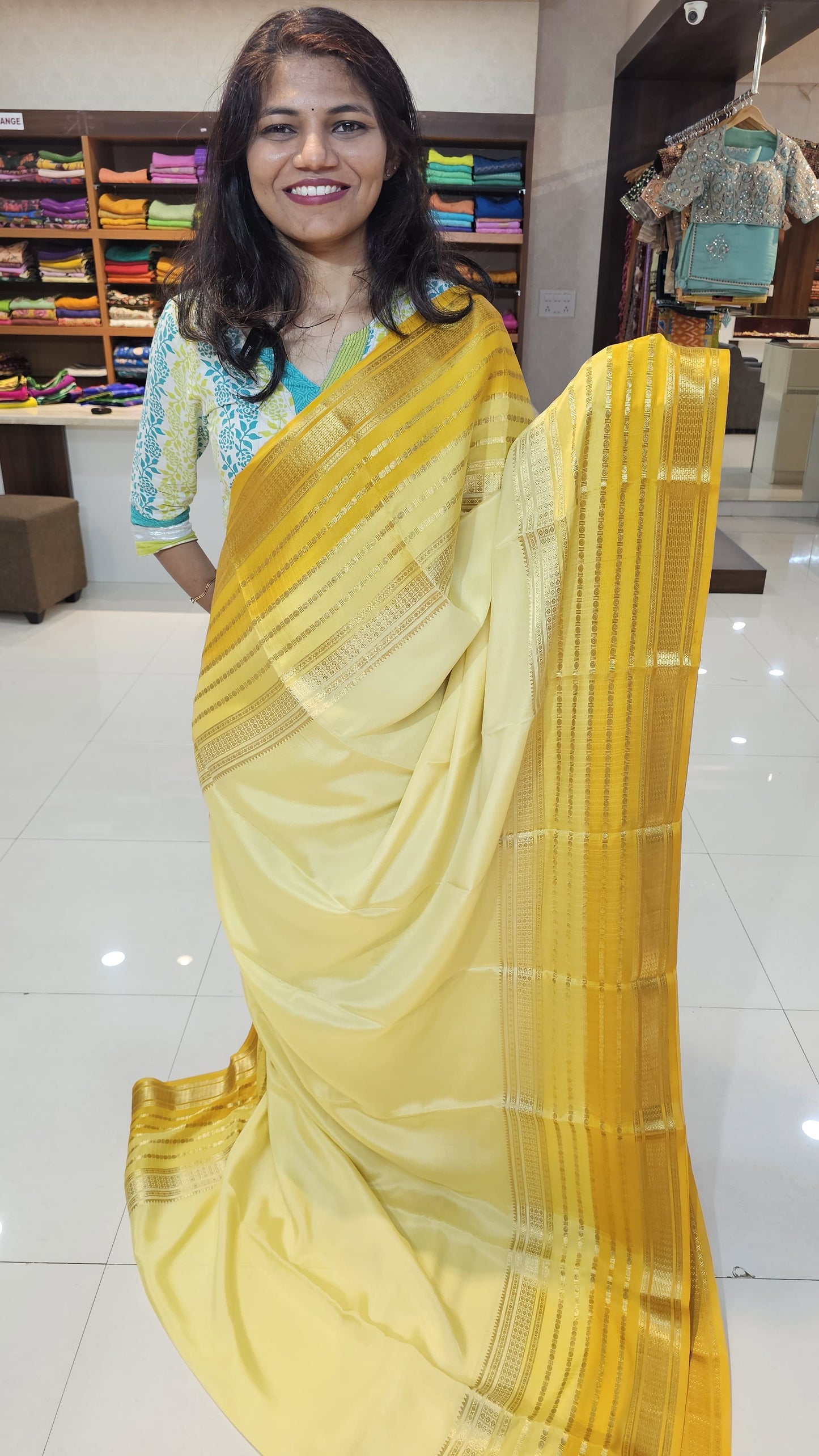 mysore crepe silk sarees in KSIC Finish in lime yellow mango yelow in bentex border