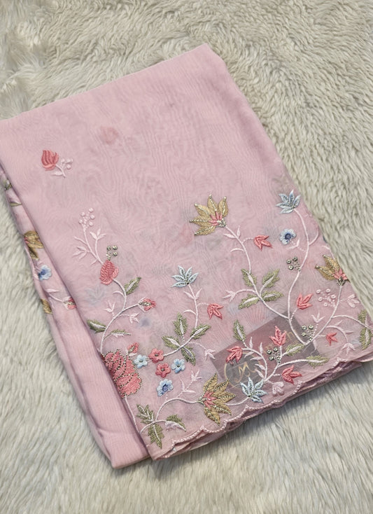 semi organza fancy saree in baby pink self with allover embroidery work