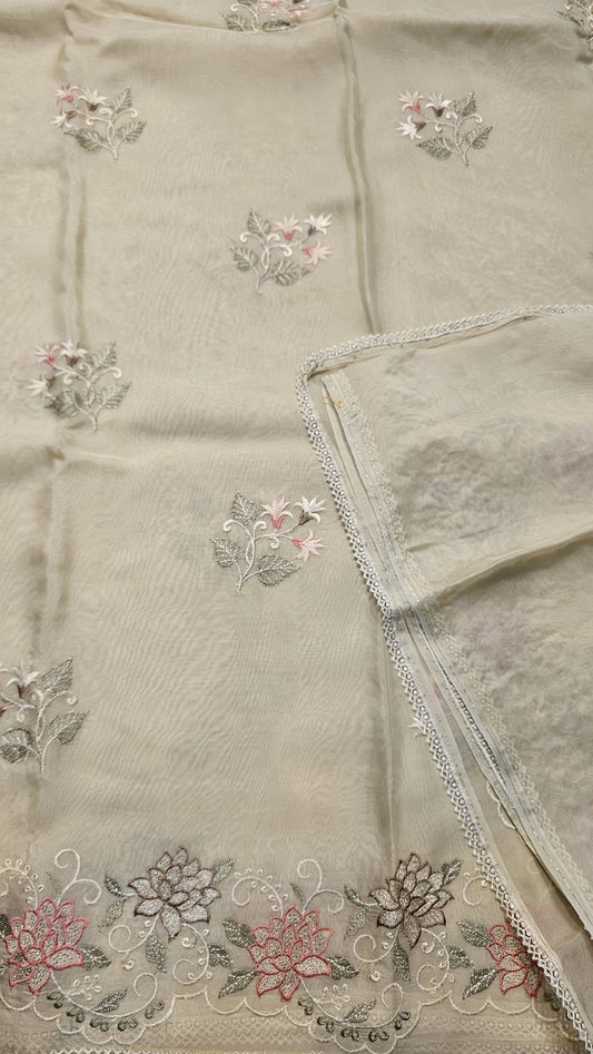 Semi organza fancy saree in light cream self with allover embroidery work