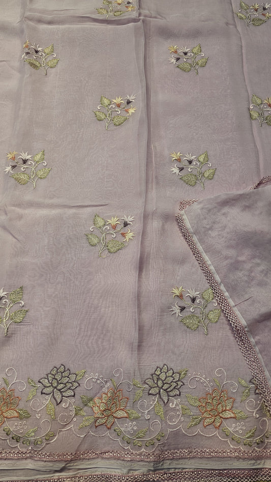 semi organza fancy saree in light lavender with allover embroidery work
