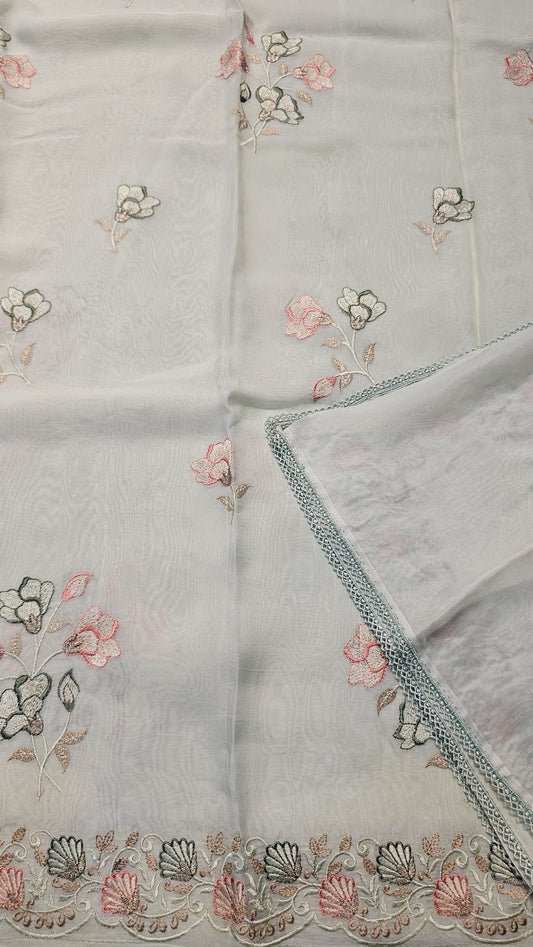 semi organza fancy saree in light pista self with allover embroidery work