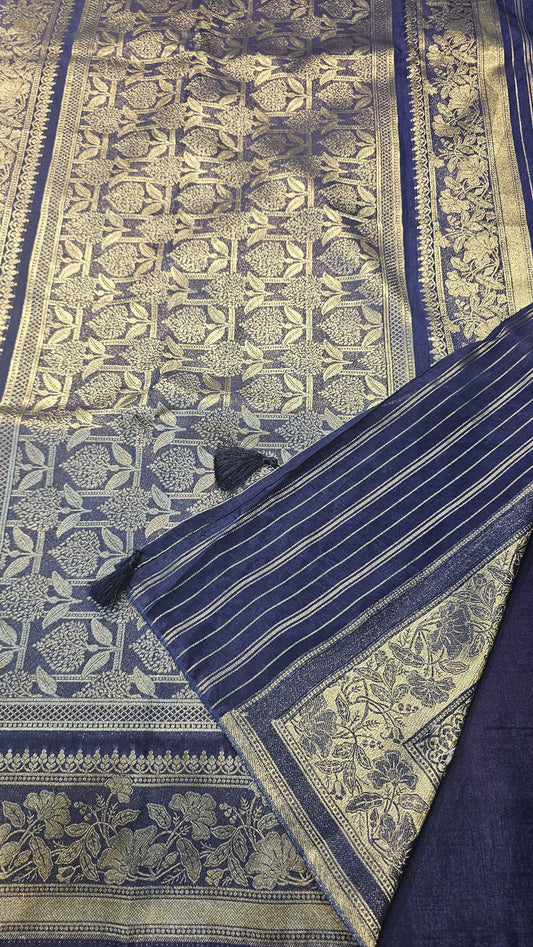 Semi banaras silk saree in megenta pink with royal blue in allover zari buttas pattern