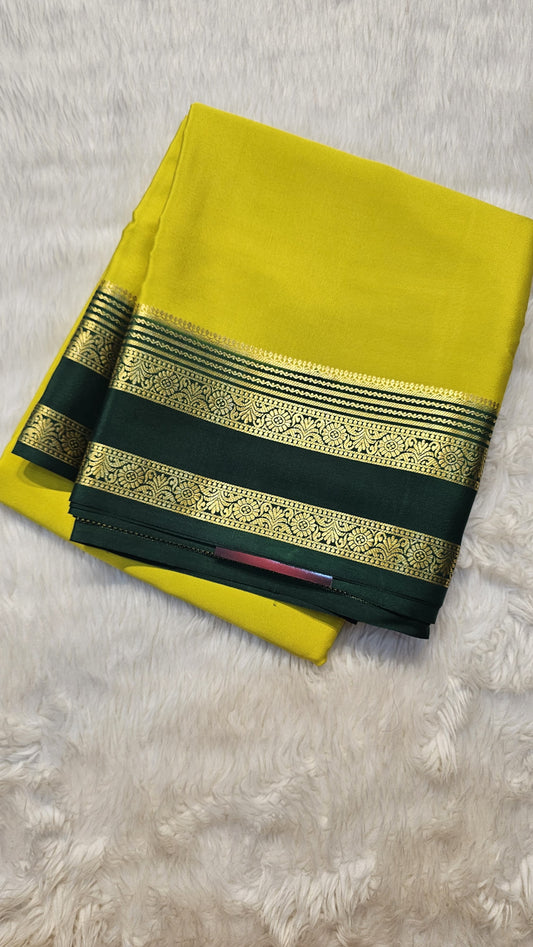 Mysore Crepe Silk Sarees in KSIC Finish in lemon green with bottle green in bentex border