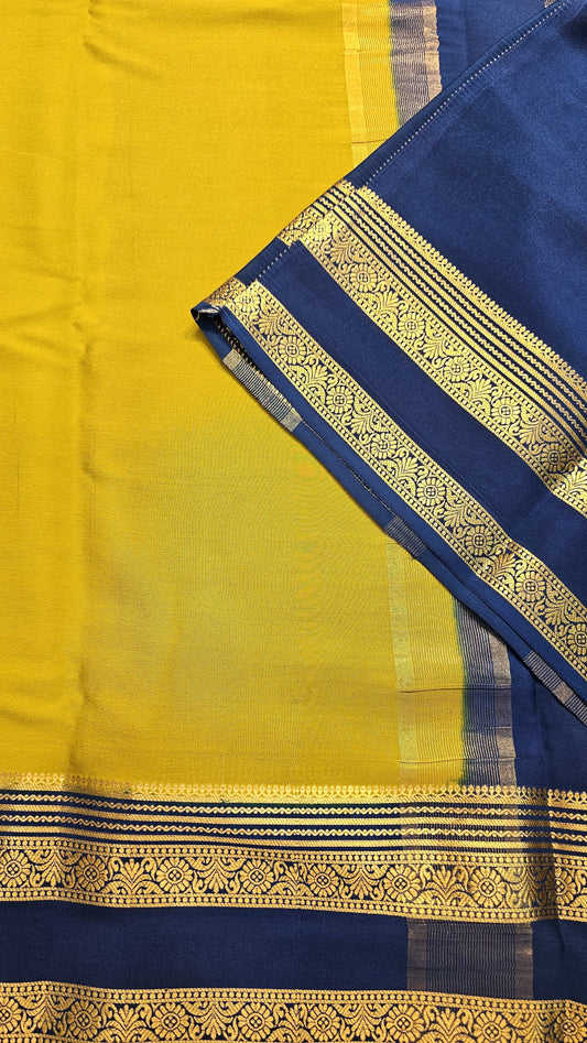 mysore crepe silk sarees in KSIC Finish in light mehendi green with peacock blue bentex border
