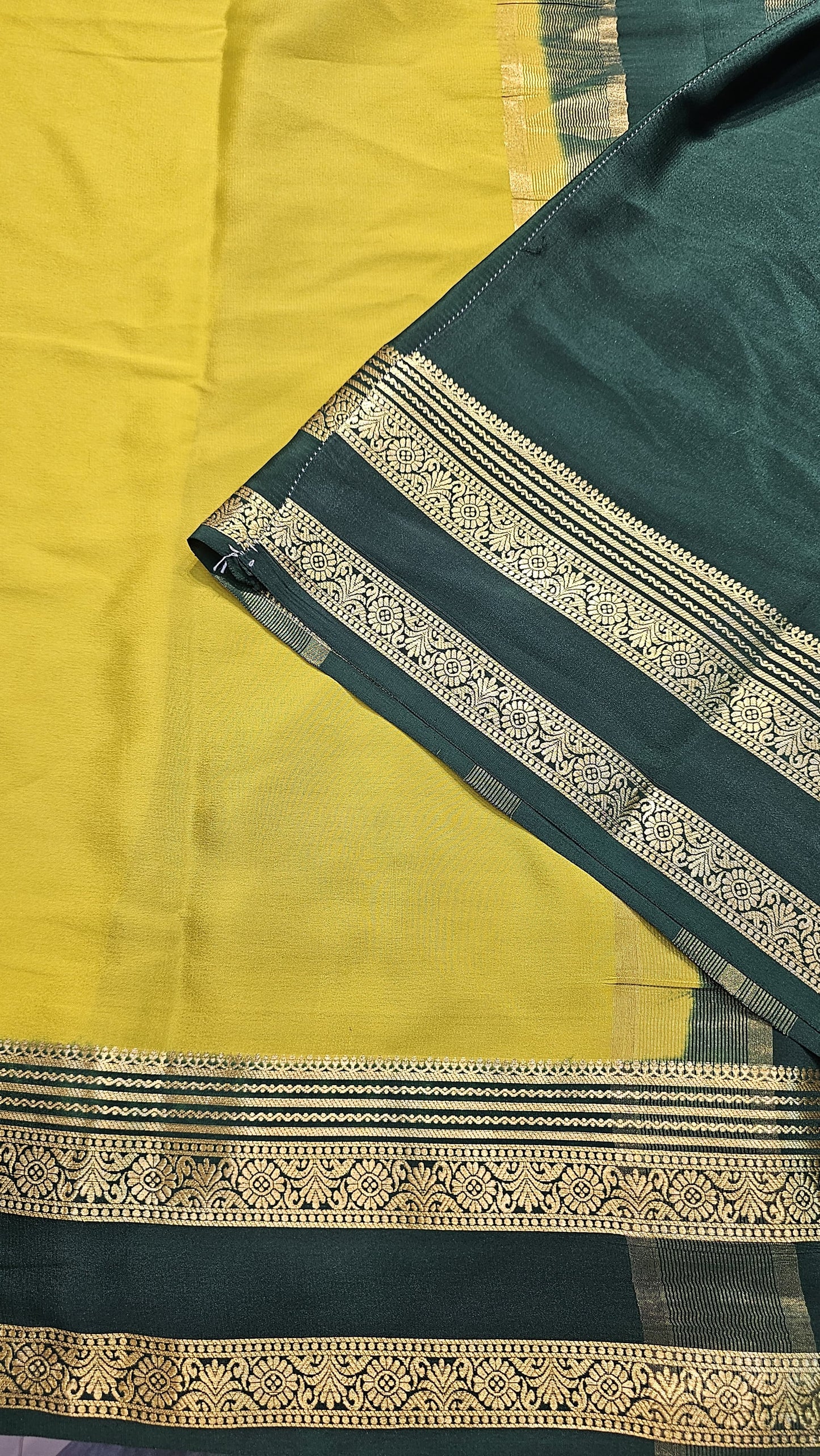 Mysore Crepe Silk Sarees in KSIC Finish in lemon green with bottle green in bentex border