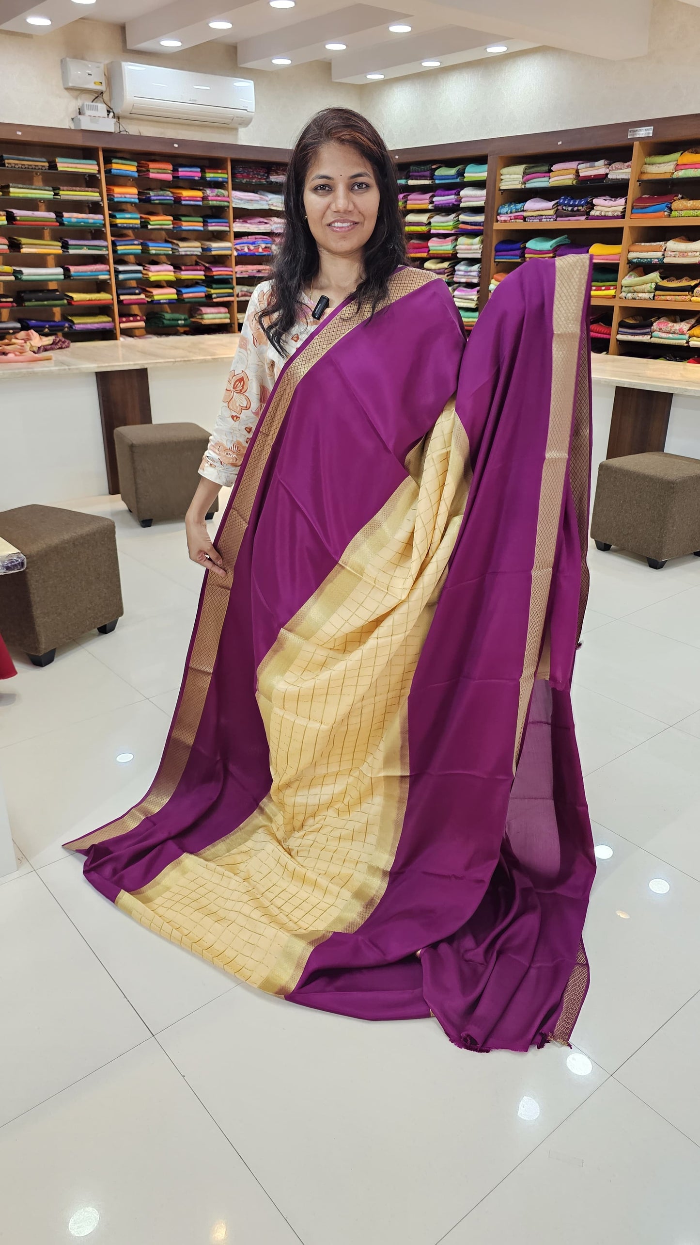 mysore crepe silk sarees in KSIC Finish in sandal with purple middle checks pattern