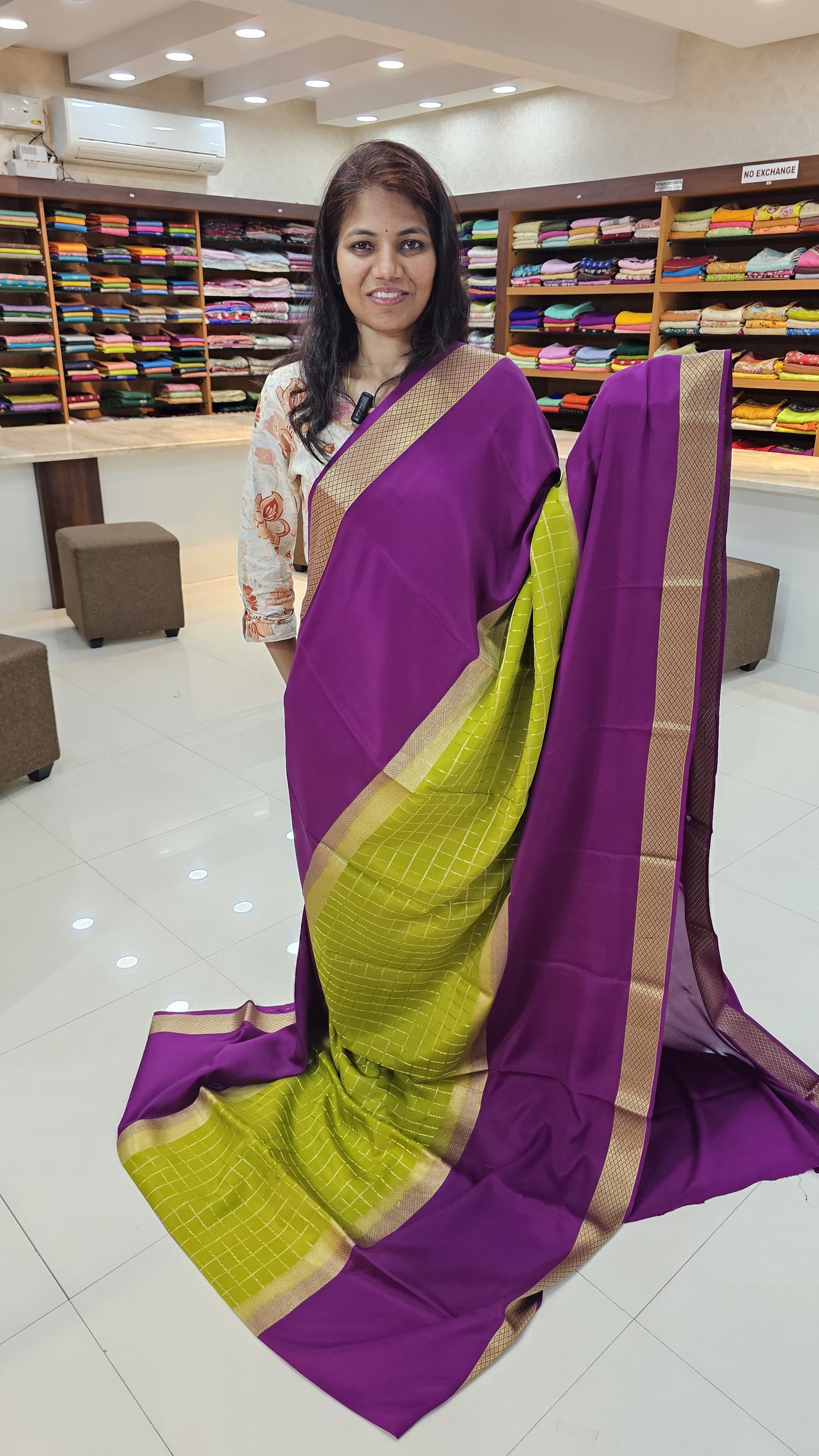 mysore crepe silK in KSIC Finish in mehendi green with purple middle checks pattern