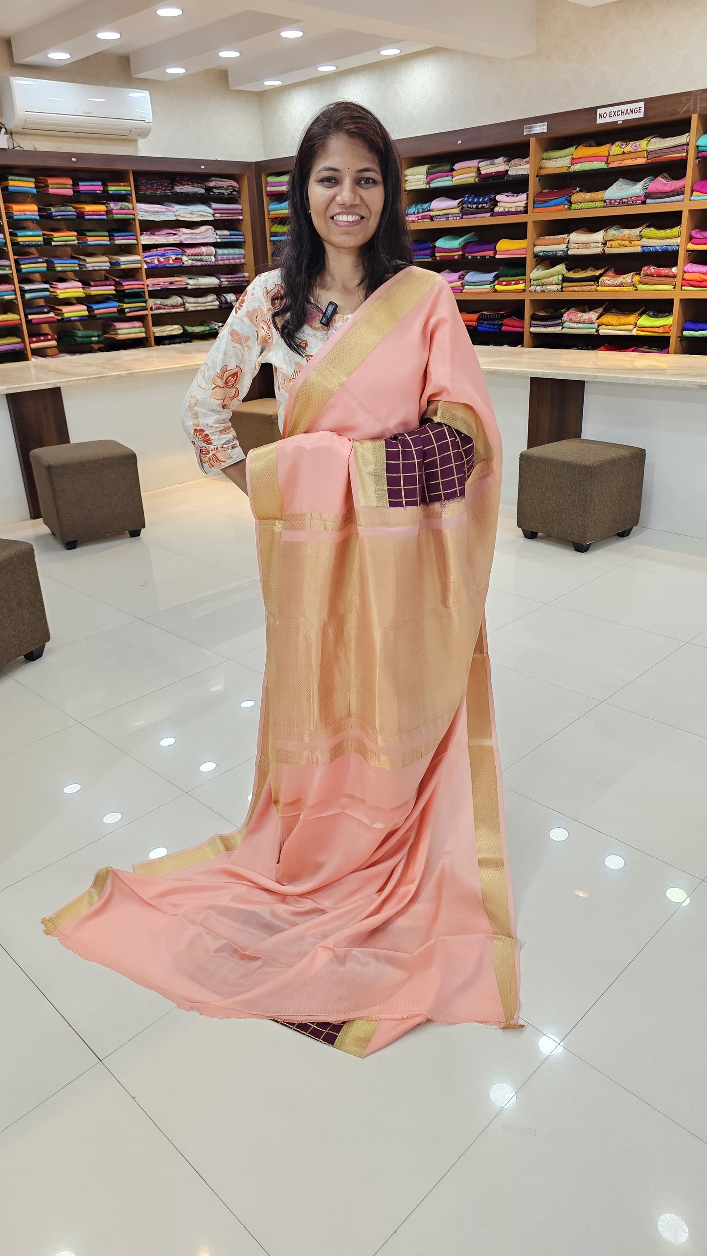 mysore crepe silk sarees in KSIC Finish in brown with peach with middle checks pattern