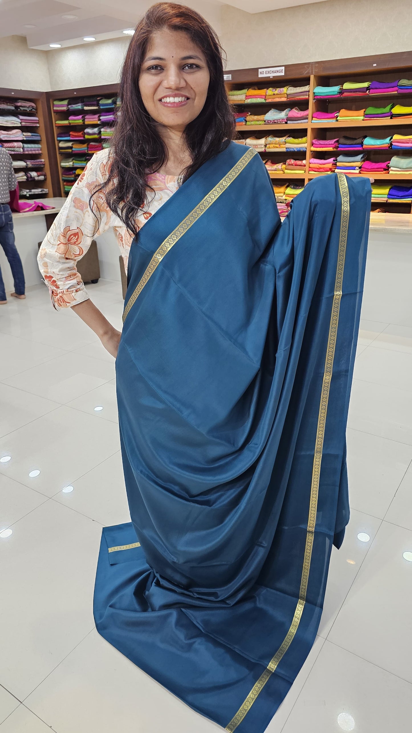 Mysore crepe silk sarees in KSIC Finish in peacock blue bentex border