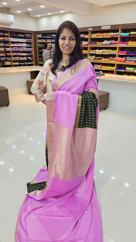 mysore crepe silk sarees KSIC Finish in bottle green with baby pink middle checks pattern