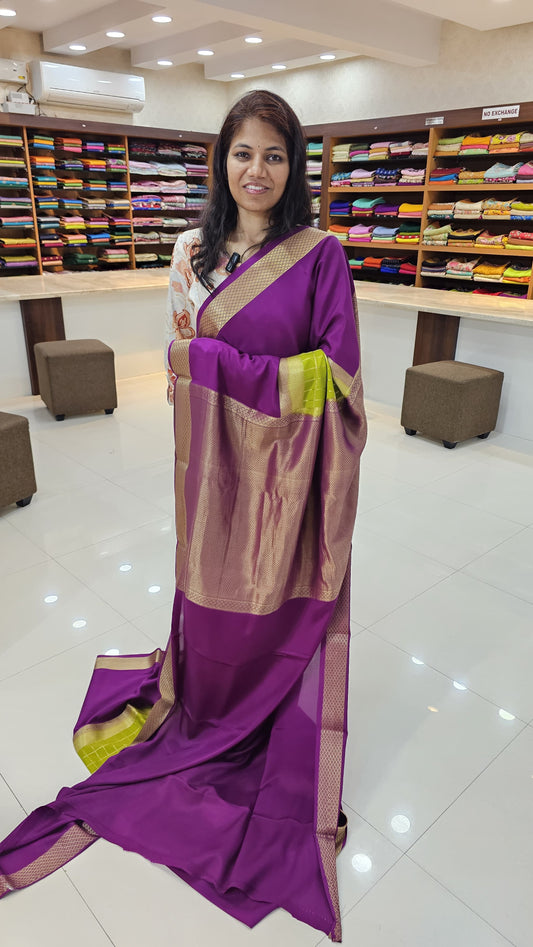 mysore crepe silK in KSIC Finish in mehendi green with purple middle checks pattern