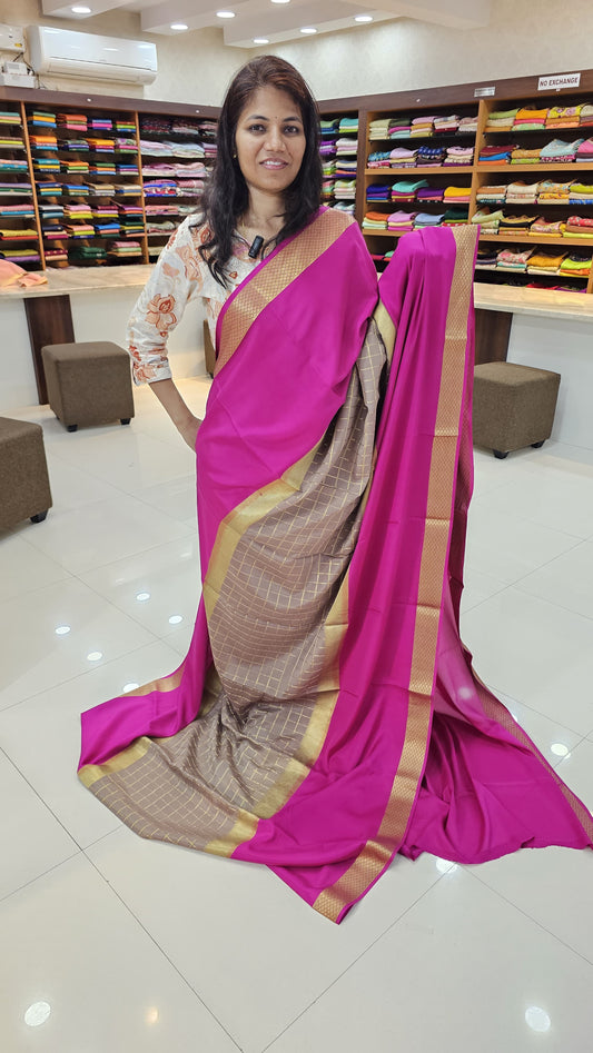 Mysore crepe silk sarees in KSIC Finish in chiku with rani pink middle checks pattern
