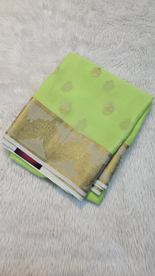 Mysore Crepe Silk Sarees in KSIC Finish in redium green with half white tissue border