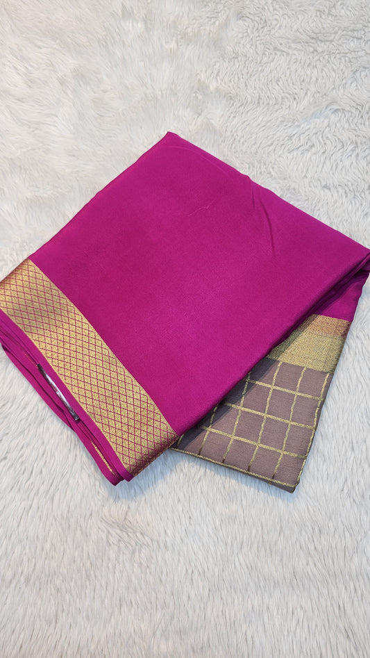 Mysore crepe silk sarees in KSIC Finish in chiku with rani pink middle checks pattern