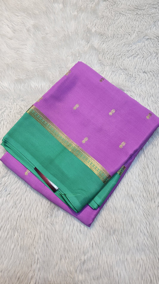 Mysore crepe silk sarees in KSIC Finish in onion pink with sea green gap border