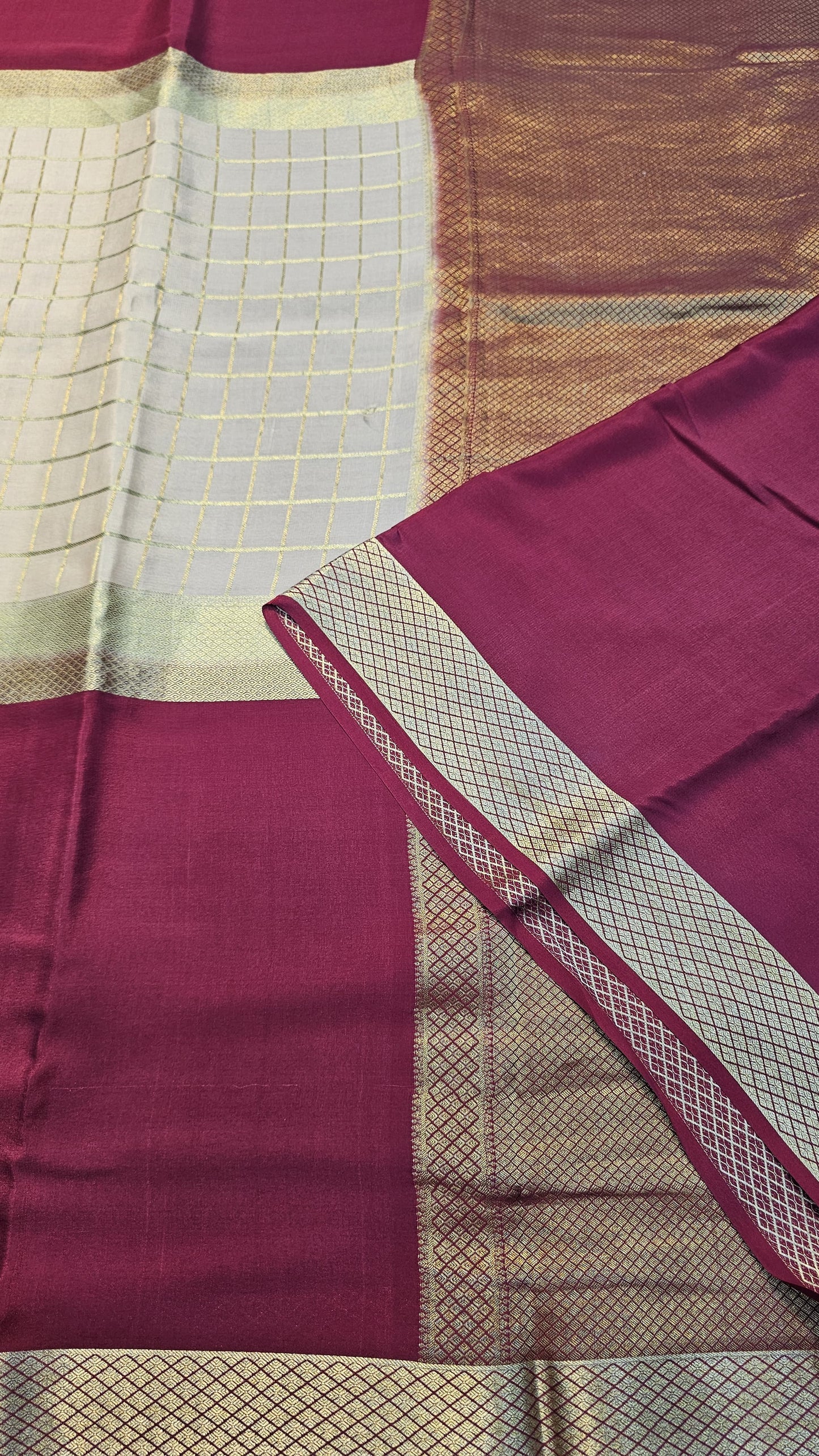 mysore crepe silK in KSIC Finish in beige with mroon red middle cheks pattern