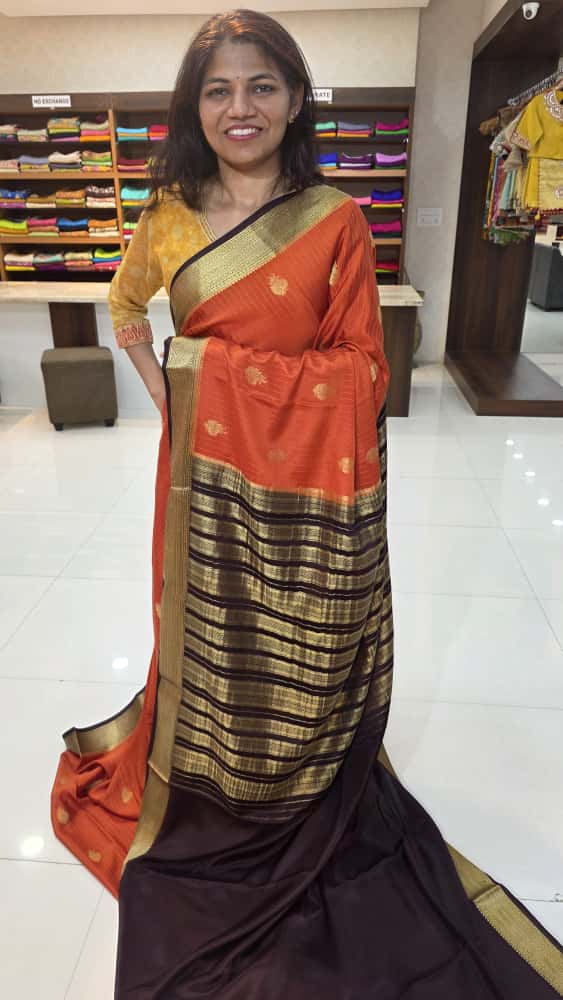Mysore crepe silk saree in KSIC Finish in rust orange dark snuff brown all over butta saree