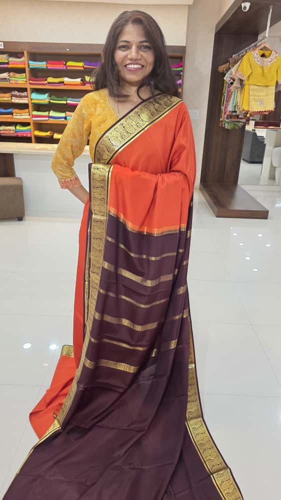 Mysore crepe silk sarees KSIC Finish in rust orange with dark brown peacock border