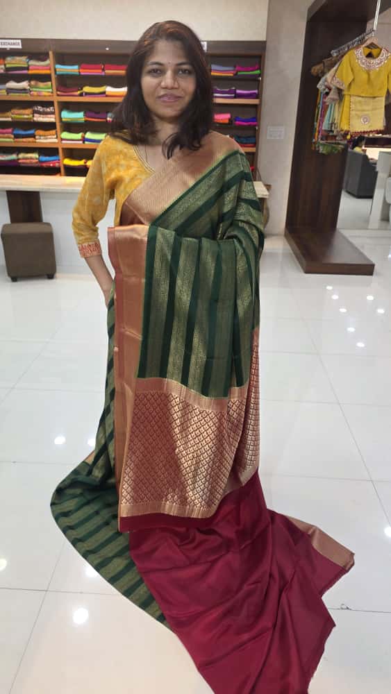 Mysore crepe silk saree in KSIC Finish in bottle green with maroon red brocade saree