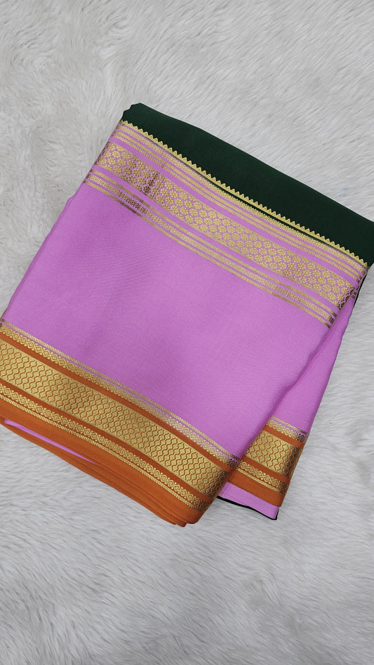 Mysore crepe silk saree with KSIC Finish in bottle green with baby pink 3d pattern