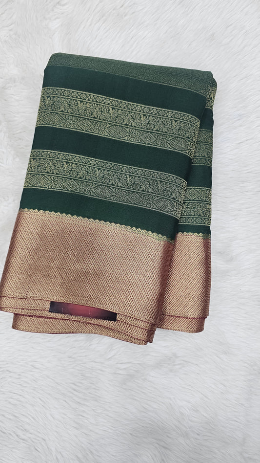 Mysore crepe silk saree in KSIC Finish in bottle green with maroon red brocade saree