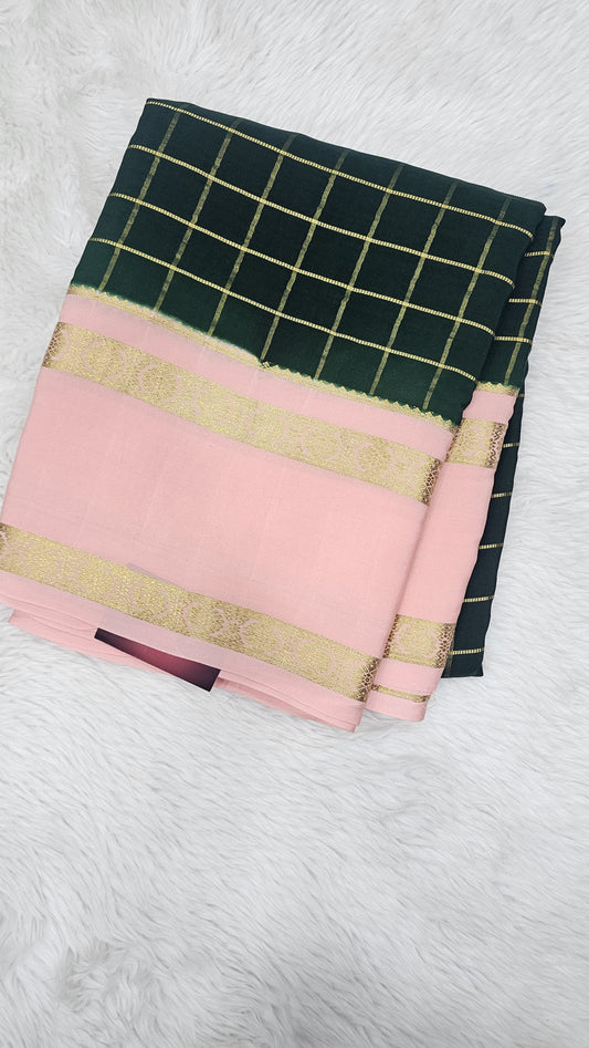Mysore crepe silk saree with KSIC Finish in bottle green with peach checks pattern