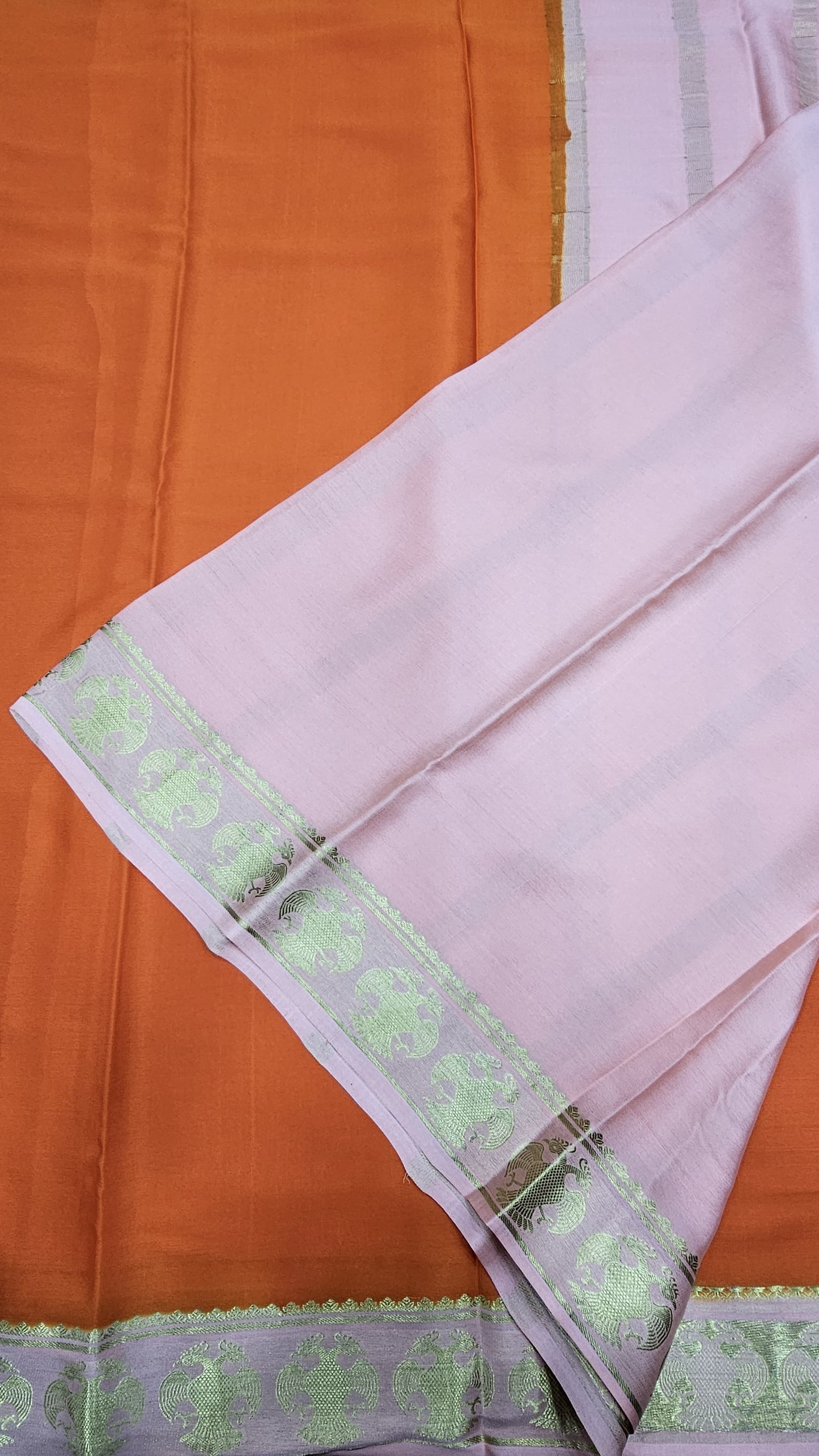 Mysore crepe silk saree in KSIC Finish in orange with light baby pink small ganda berunda border