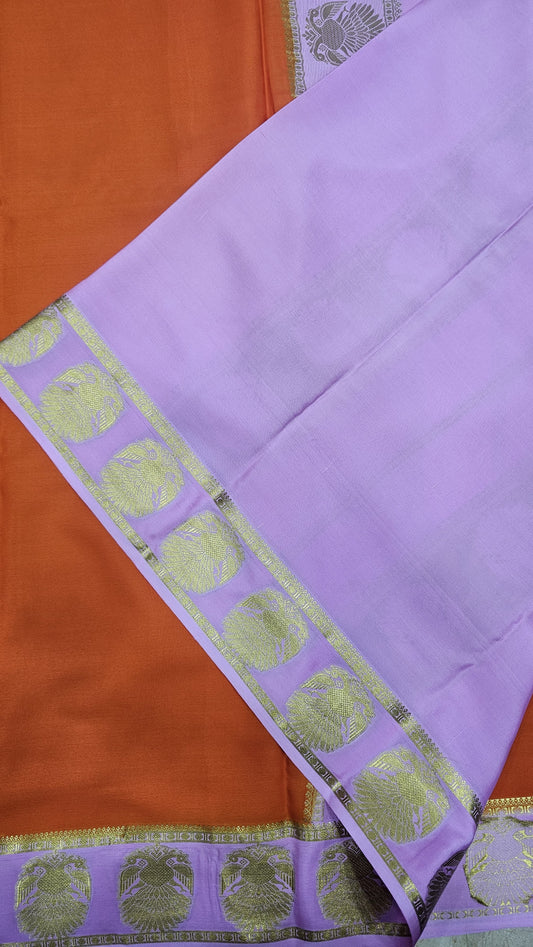 mysore crepe silk sarees in KSIC Finish in orange with baby pink ganda berunda border