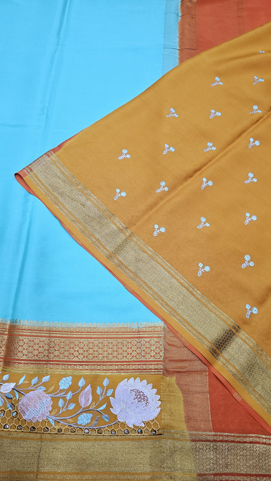 Mysore crepe silk saree in KSIC Finish in sea blue with mango 2side cutwork