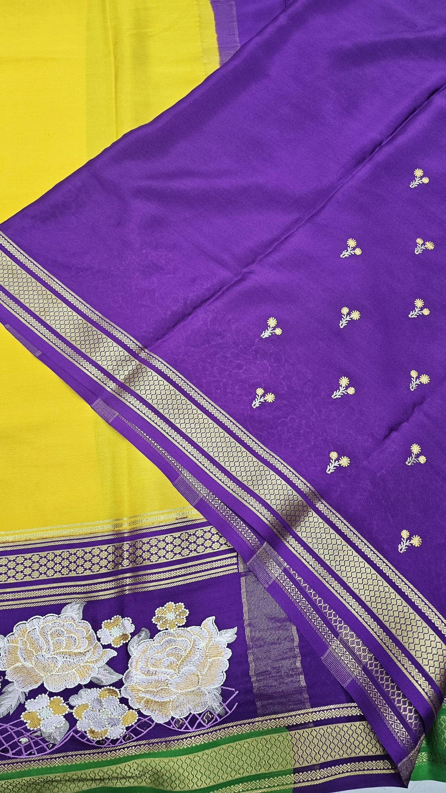 Mysore crepe silk saree in KSIC Finish in lemon green with purple 2side cutwork saree