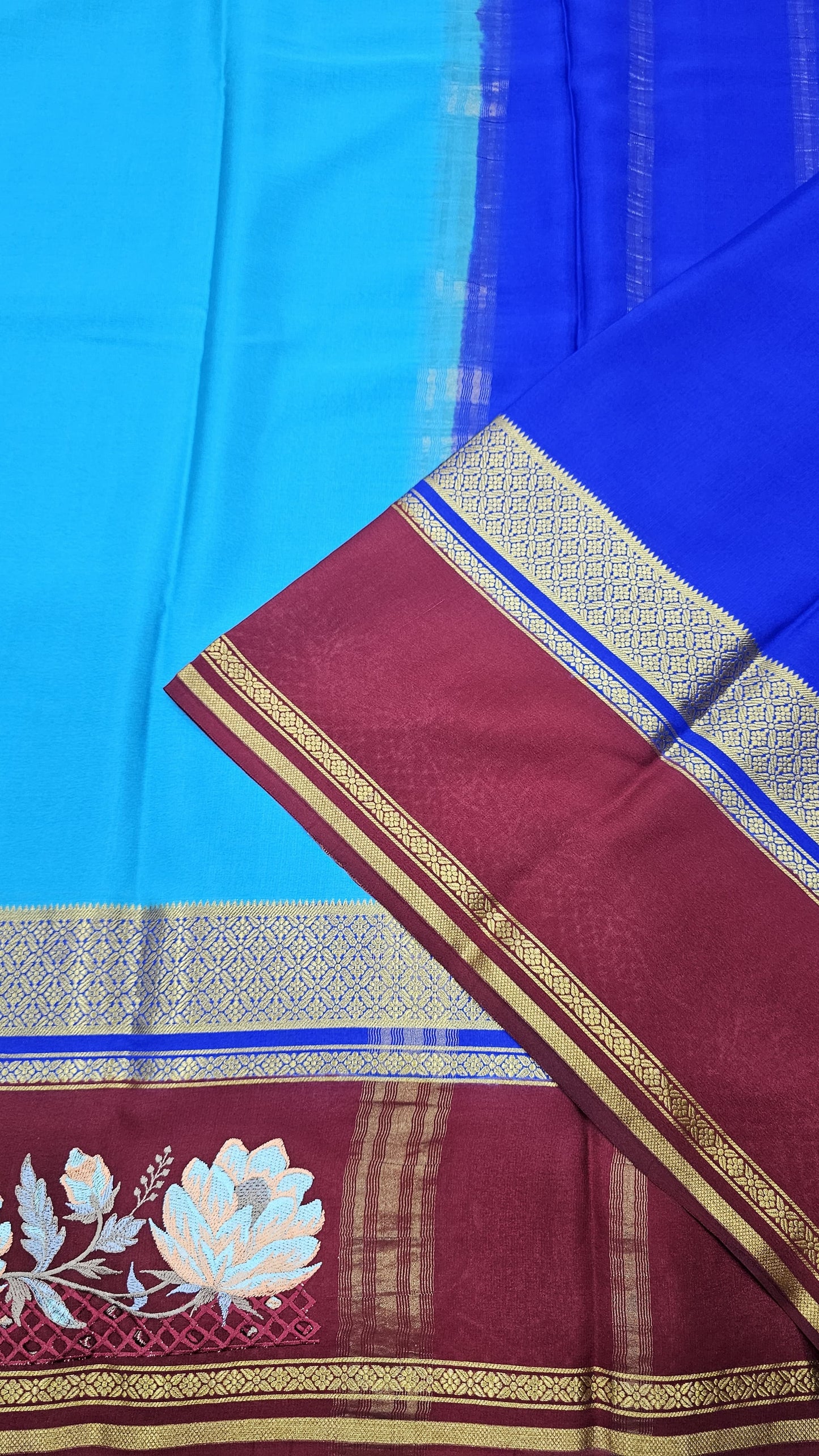 Mysore crepe silk saree in KSIC Finish in ananda blue with maroon red 2side cutwork