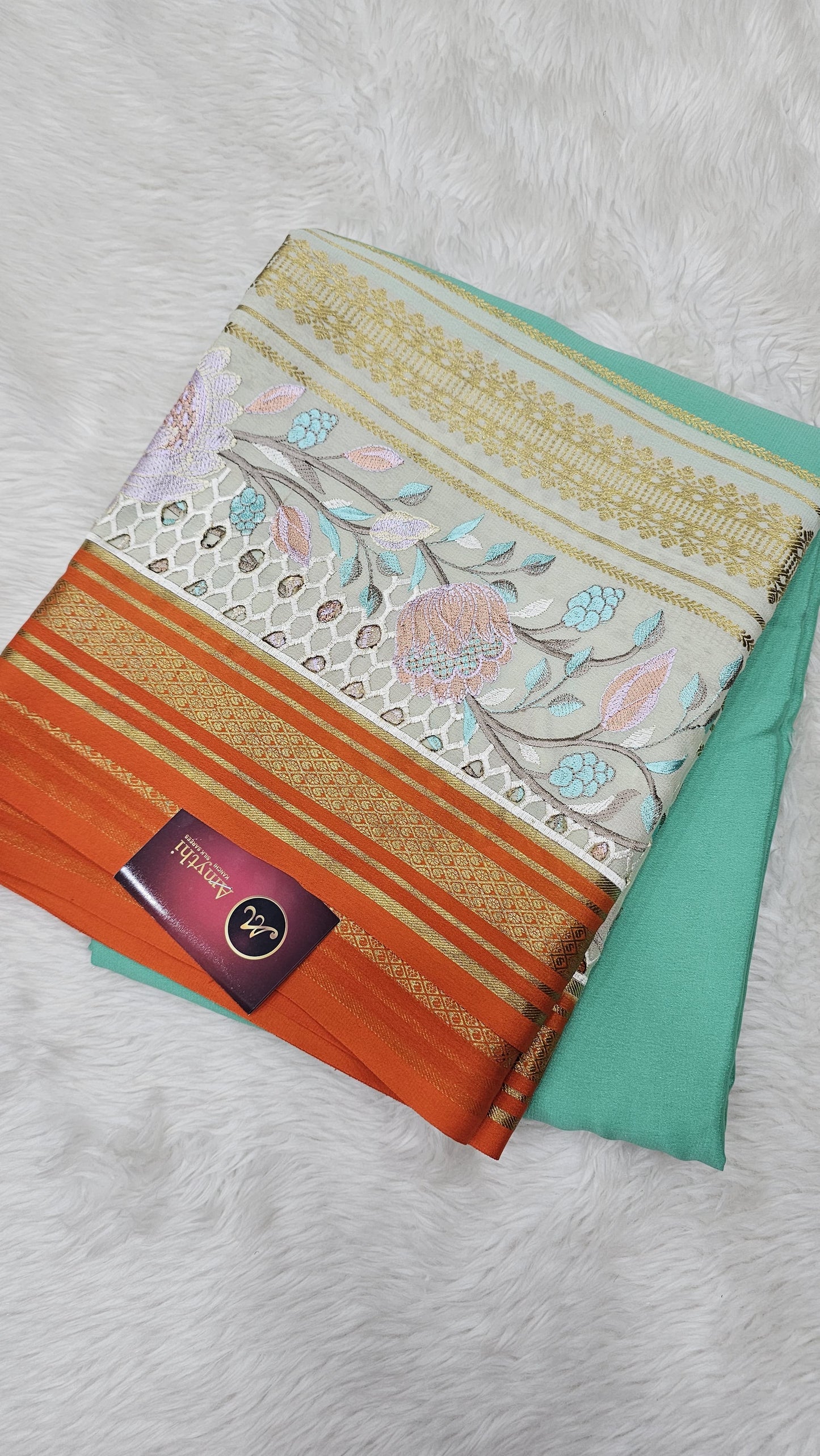 Mysore crepe silk saree in KSIC Finish in rama green with orange 2side cutwork saree