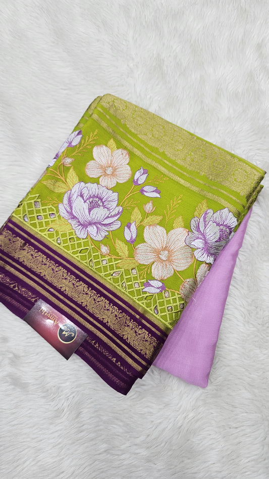 Mysore crepe silk saree in KSIC Finish in lavender pink with mehendi green 2side cutwork saree
