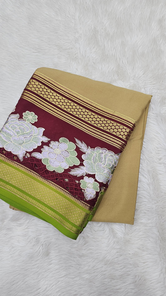 Mysore crepe silk saree in KSIC Finish in beige with maroon 2side cutwork