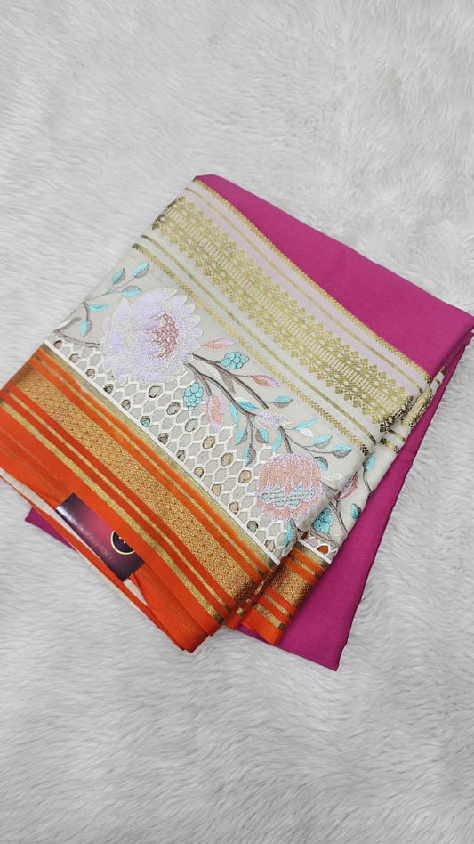 Mysore crepe silk saree in KSIC Finish in oinion pink with white.. 2side cutwork saree