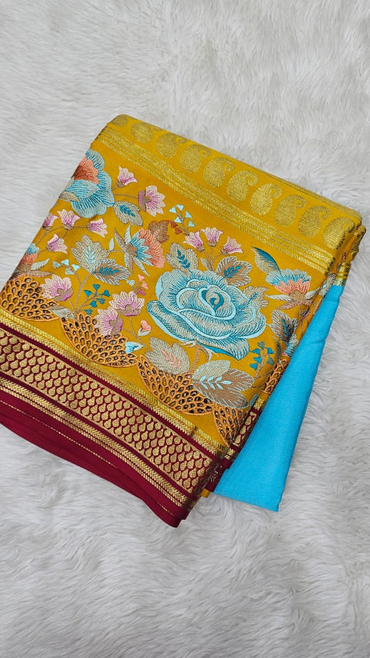 Mysore crepe silk saree in KSIC Finish in ananda blue mango yellow 2side cutwork