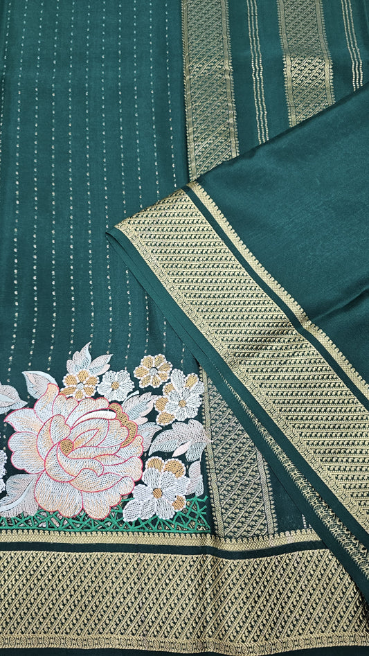 Mysore crepe silk saree in KSIC Finish in bottle green self 1side cutwork