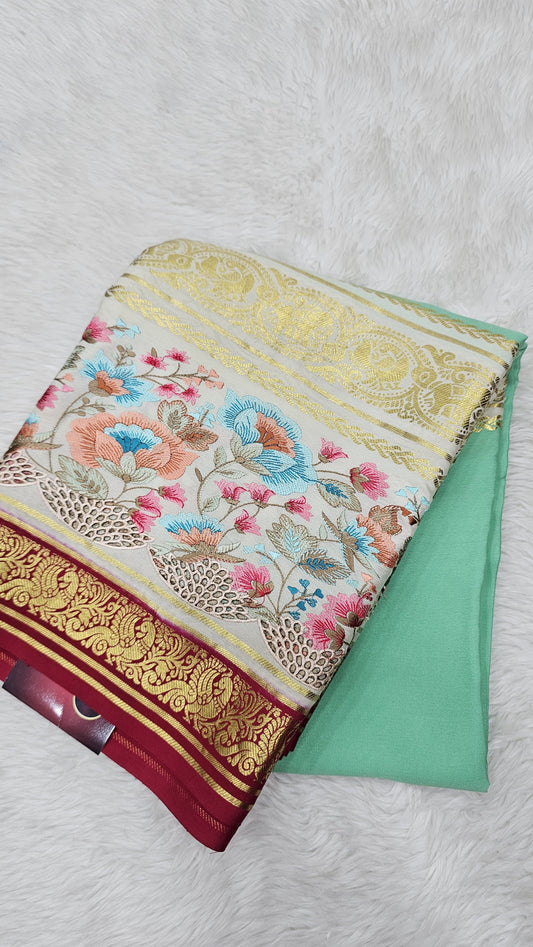 Mysore crepe silk saree in KSIC Finish in teal with cream 2sides embroiedry