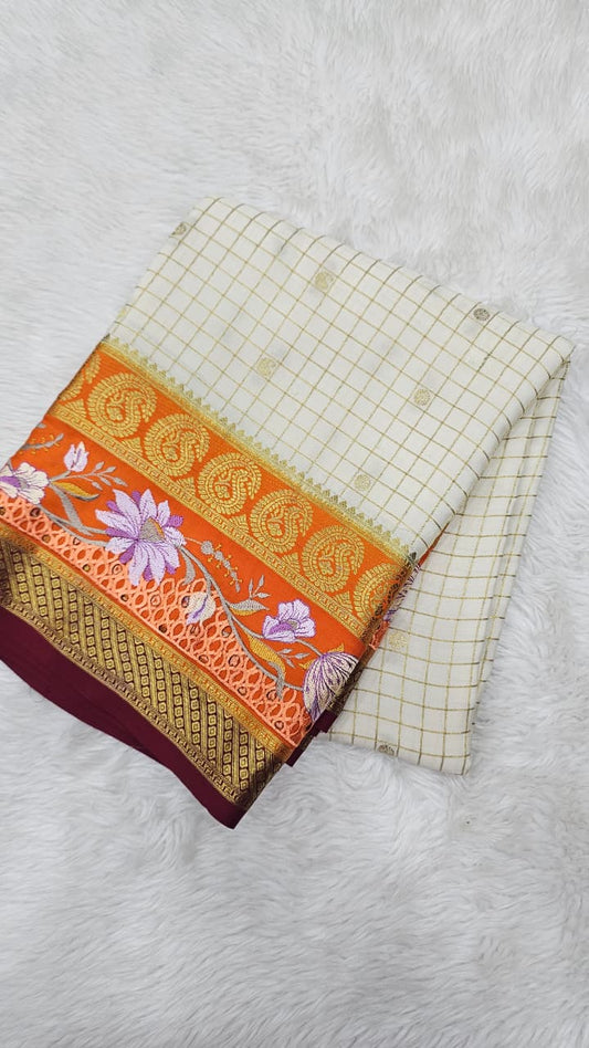 Mysore crepe silk saree in KSIC Finish in half white with orange checks 2side cutwork