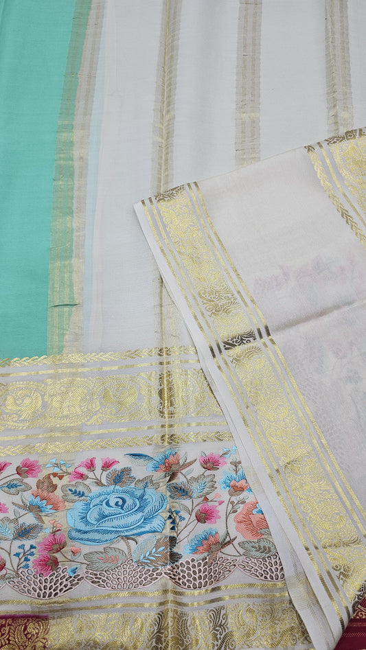 Mysore crepe silk saree in KSIC Finish in teal with cream 2sides embroiedry