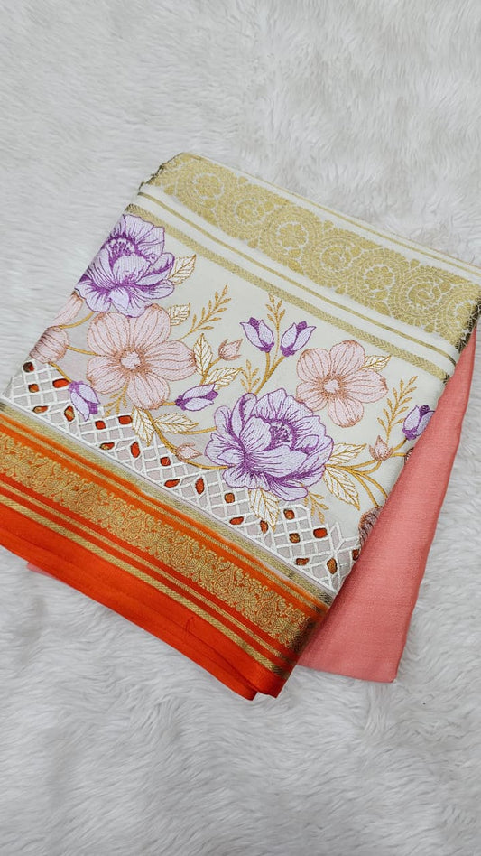 Mysore crepe silk saree in KSIC Finish in peach with orange 2side cutwork