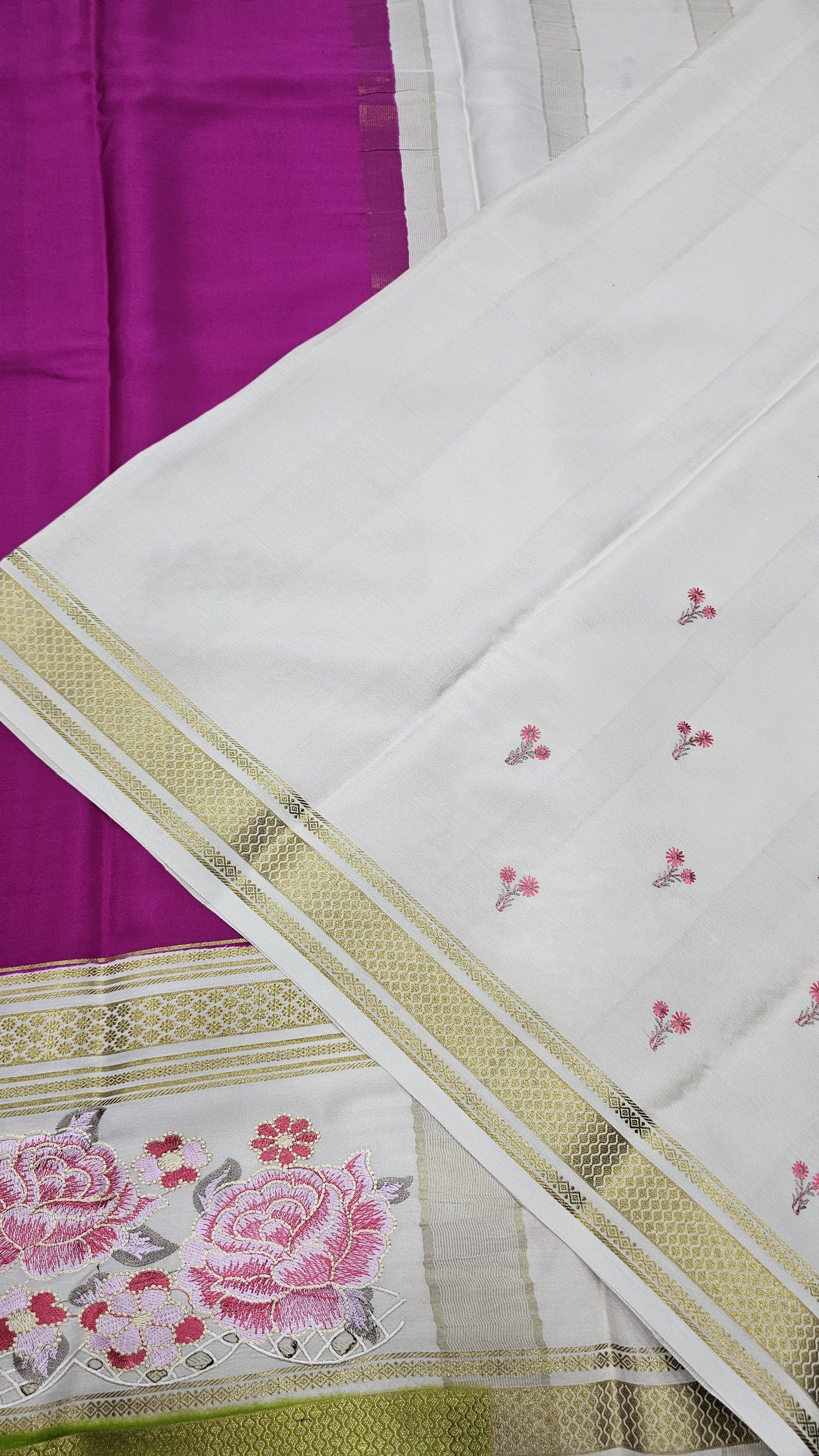 Mysore crepe silk saree in KSIC Finish in rani pink with mehendi green 2sides cutwork