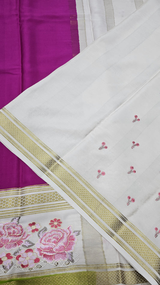 Mysore crepe silk saree in KSIC Finish in rani pink with mehendi green 2sides cutwork